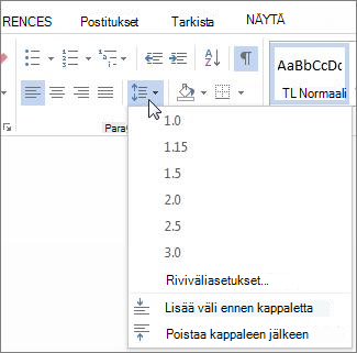 Rivi- ja kappaleväli -näyttö