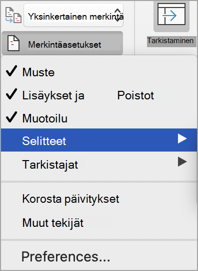 Muutosten jäljityksen merkintäasetukset