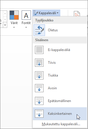 Kappaleväli-valikko