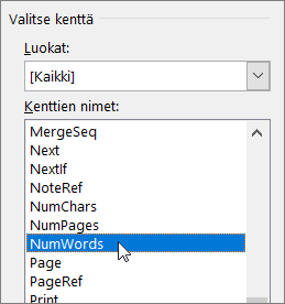 Kenttä-valintaikkuna