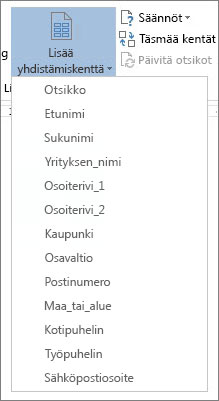 Käytettävissä olevien kenttien Lisää yhdistämiskenttä -valikko