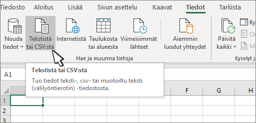Teksti- tai CSV-tiedoston valitseminen Tiedot-välilehdestä