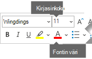 Irrallinen Muotoile-työkalurivi sisältää fonttikoon ja fontin värin asetukset.