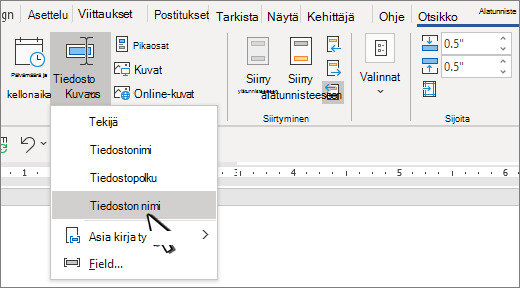Otsikko-valintanauha, jossa asiakirjan tiedot on korostettuna