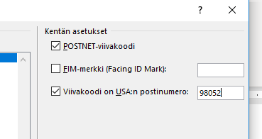 Kenttäkoodiasetukset-osa