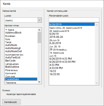Kentän valintaluokat ja ominaisuudet