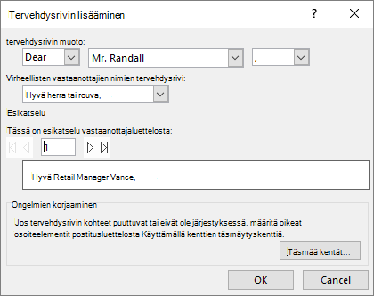 Tervehdysrivi-valintaikkuna