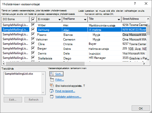 Muokkaa vastaanottajia -valintaikkuna