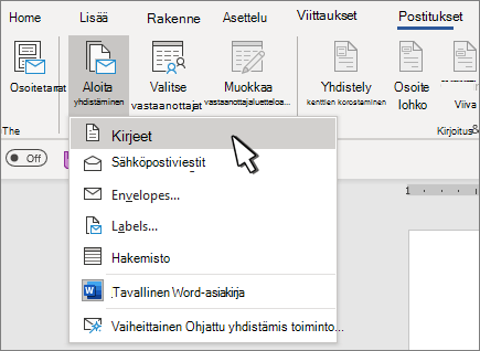 Yhdistämisen aloitusvalikko, jossa kirjeet on valittuna