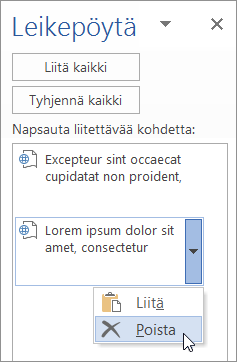Näyttää kopioidun kohteen poistamisen Leikepöydältä