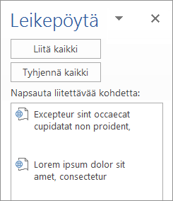 Näyttää Leikepöytä-tehtäväruudun ja kopioidut sisällöt