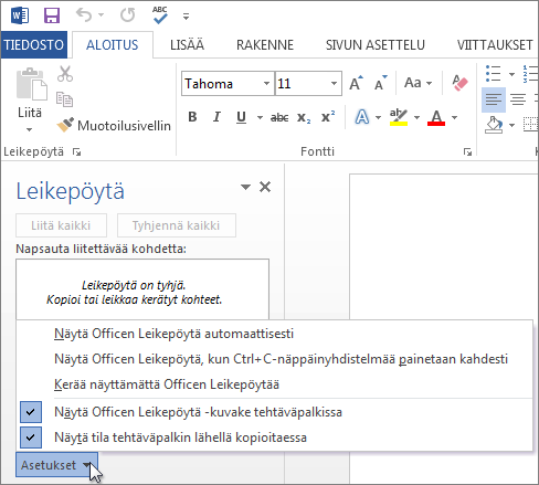 Officen Leikepöytä-tehtäväruutuun liittyvät toiminnot