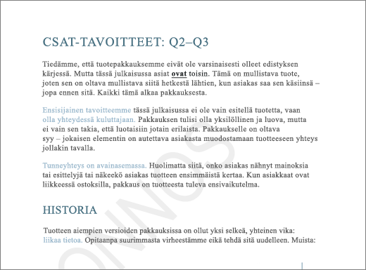 Esimerkki LUONNOS-vesileimasta sivulla, jossa on tekstiä