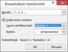 Lisää kuvateksteihin lukunumerot kuvatekstin numeroinnin valintaikkunassa.