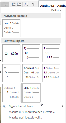 Muotoile kuvateksteihin sisällytettävät lukujen otsikot käyttämällä monitasoista Lukujen otsikot -luetteloa.