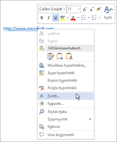 Hyperlinkin fontin muuttaminen