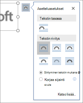 Valitse asetteluvaihtoehdoista tapa, jolla teksti juoksutetaan lisätyn kuvan ympäri.