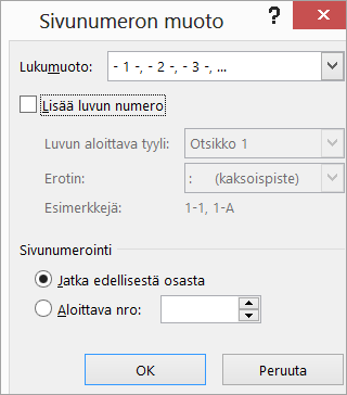 Sivunumeron muoto -valintaikkuna