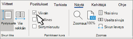 Viivainasetus Näytä-välilehdessä