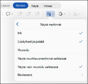 Word for iPad näytä merkintäasetukset