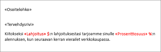 Esimerkki yhdistämisasiakirjasta, jossa Lahjoitus-nimisen kentän edessä on dollarimerkki ja Prosentti-nimisen kentän perässä on prosenttimerkki.