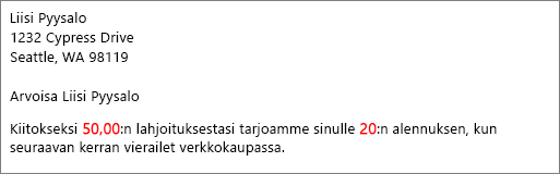 Yhdistämisasiakirja, jossa lukee osallistumisesi 50.00 ja tarjoaa sinulle 20 alennuksen.