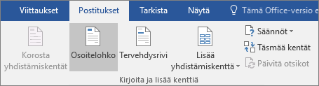 Valitse Word yhdistämisen yhteydessä Postitukset-välilehden Kirjoita & Lisää kenttiä -ryhmässä Osoitelohko.