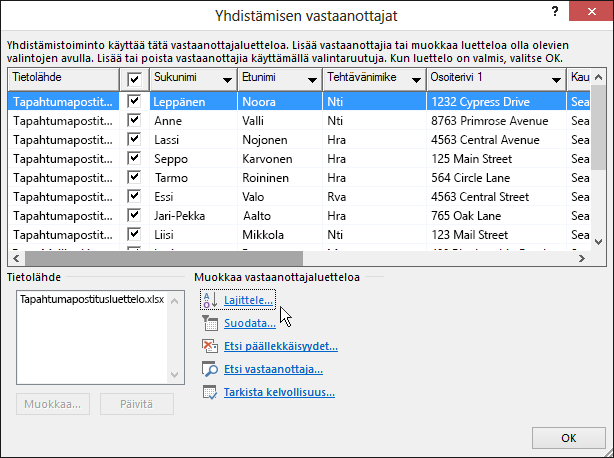 Vastaanottajaluettelon lajittelun tulokset osana Word-yhdistämistoimintoa.