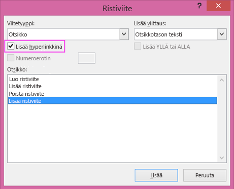 Ristiviiteikkuna, jossa hyperlinkin valintaruutu näkyy korostettuna