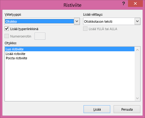 Wordin Ristiviite-valintaikkuna