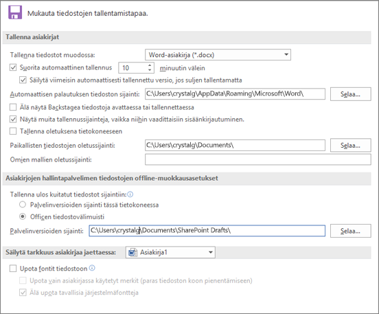 Word 2016:n tallennusasetukset