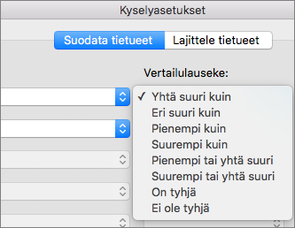 Valitse Vertailu-asetukset, jotka haluat määrittää