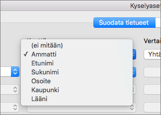 Valitse kenttä, jonka mukaan haluat suodattaa