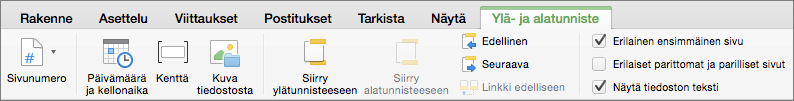 Kun kaksoisnapsautat ylä- tai alatunnisteen aluetta, Word näkyviin tulee Ylä- & alatunniste -välilehti.