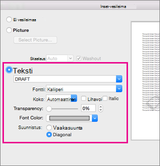 Lisää vesileima -valintaikkuna, jossa Tekstin asetukset -kohta korostettu