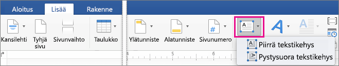 Lisää-välilehden Tekstiruutu korostettuna.