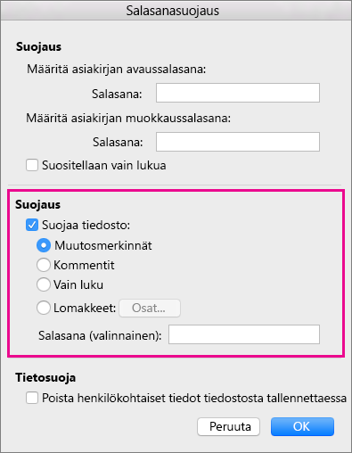 Suojaus-osa on korostettuna
