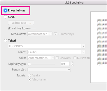 Ei vesileimaa valittuna Valitse vesileima -valintaikkunassa