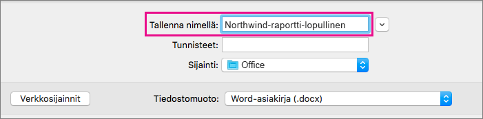 Kirjoita nykyisen asiakirjan tiedostonimi tai muokkaa sitä Tallenna nimellä -ruudussa.