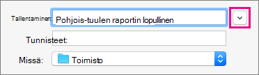 Napsauttamalla Tallenna nimellä -laatikon vieressä olevaa nuolta alaspäin saat laajennettua kansionäkymän niin, että kansioiden pikakuvakkeet ja näyttöasetukset tulevat näkyviin.