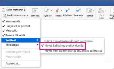 Näytä kaikki muokkausmerkinnät riveillä -asetus on korostettuna