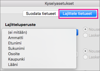 Valitse Lajittele tietueet lajitellaksesi yhdistämisen kohteet