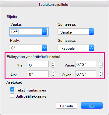 Määritä Etäisyys ympäröivästä tekstistä -kohdassa valitun taulukon ja leipätekstin välinen etäisyys.