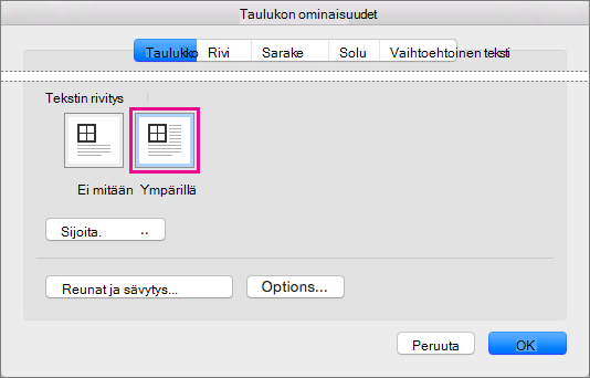 Valitsemalla Ympärillä voit rivittää tekstin valitun taulukon ympärille.