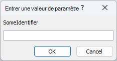 Affiche un exemple de boîte de dialogue Entrer une valeur de paramètre inattendue dans Access, avec un identificateur nommé SomeIdentifier, un champ dans lequel entrer une valeur et les boutons OK et Annuler.