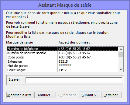 Assistant Masque de saisie dans une base de données Access de bureau