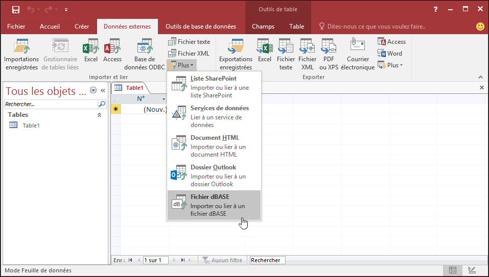 Capture d’écran de l’option Access avec fichier dBASE sélectionnée dans l’onglet du ruban Données externes
