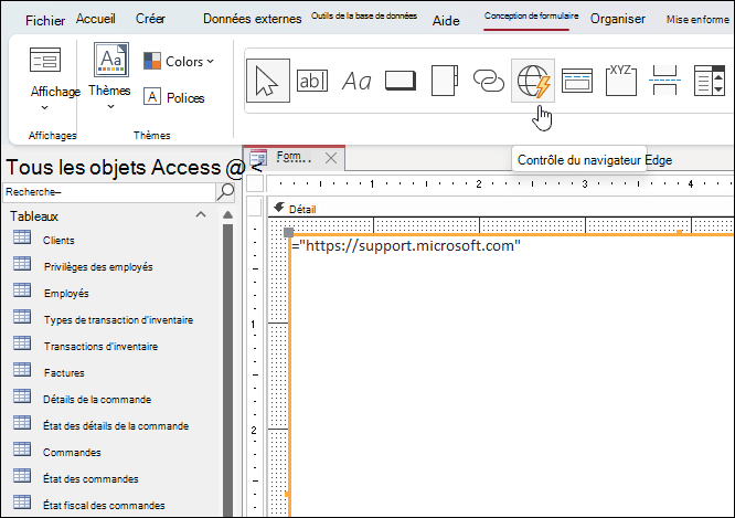 Bouton Contrôle du navigateur Edge sur lequel vous cliquez dans l’onglet du ruban Création de formulaire dans Microsoft Access