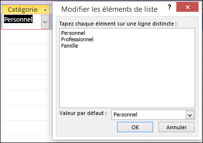 Boîte de dialogue Modifier les éléments de liste dans un formulaire Access
