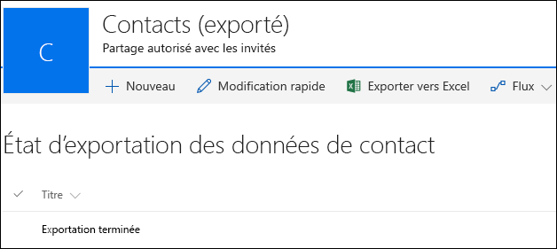 Liste SharePoint avec un enregistrement intitulé Exportation terminée